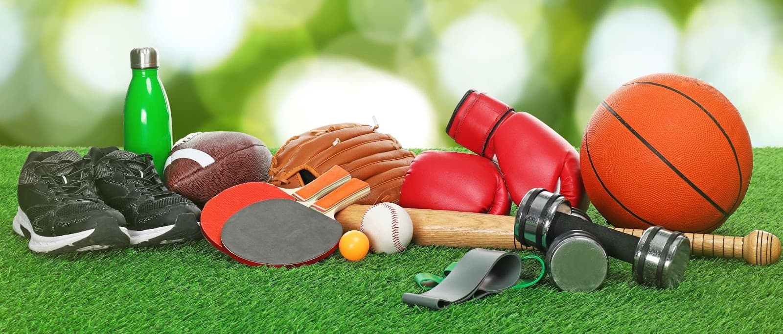 A variety of sports equipment, including balls and bats, arranged on grass, highlighting secure self-storage options.