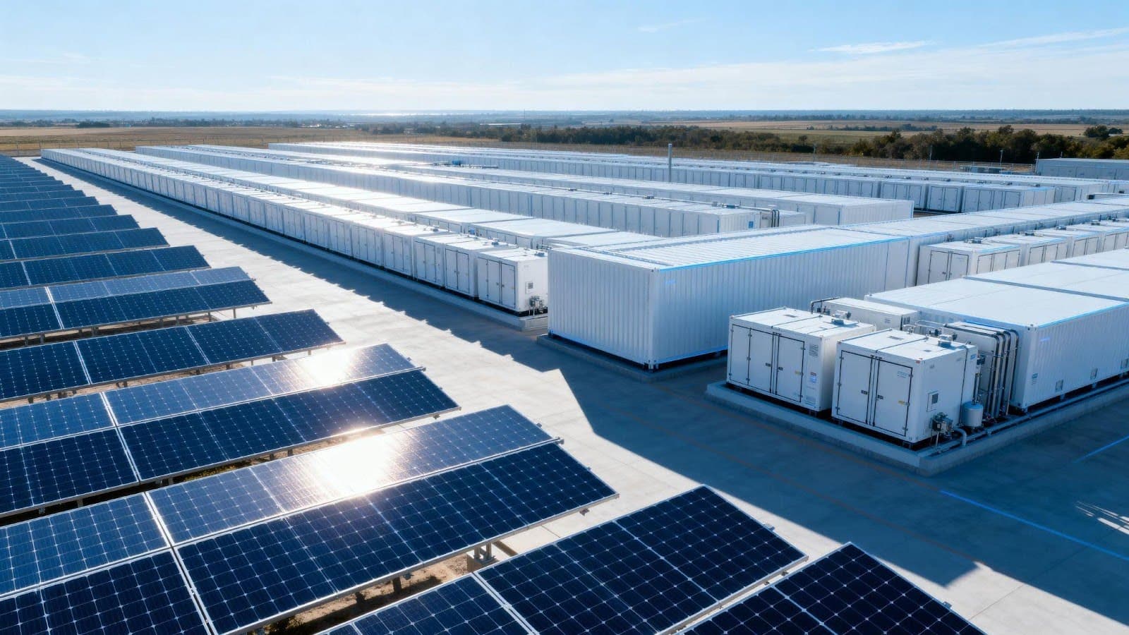 Solar panels in the foreground with large white industrial containers in the background under a clear blue sky